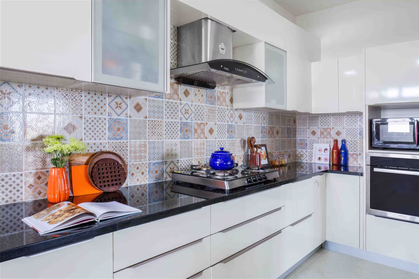 White L Shaped Modular Kitchen